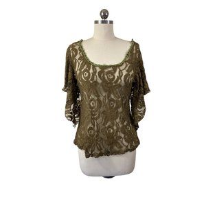 Solitaire Nordstrom Womens Blouse Top Small Green Mesh Crochet Dolman Batwing